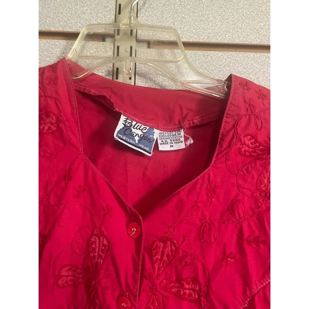 Vintage Blue Canyon Western Wear Red Embroidered Button Down‎ Shirt Top Medium